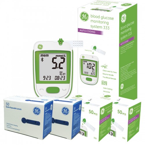 GE333 血糖機套裝 (血糖機1部 + GS333血糖試片(50片)2盒 + 採血針(50支)2盒)